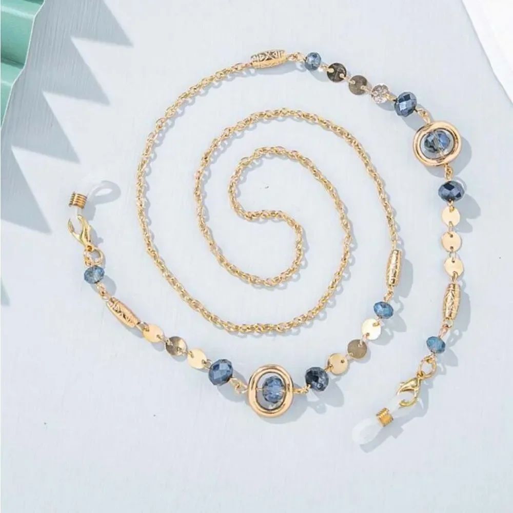 Gold-Plated Blue Bead eyeglass Chain A1667
